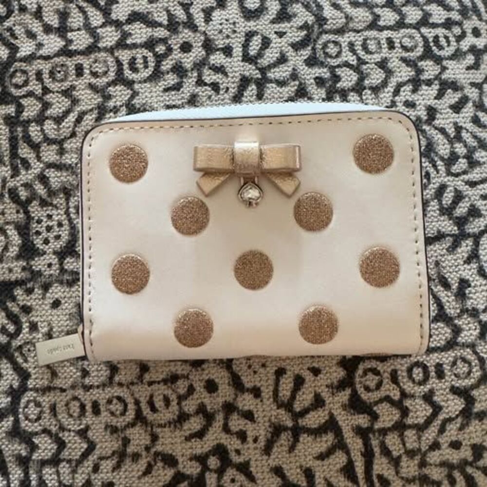 New Kate Spade Small Zip Around Card Case Wallet Wrapping Party Polka dot Gold